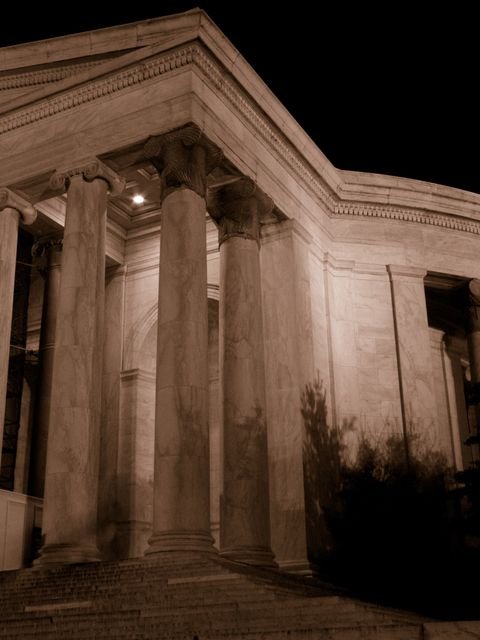 The corner of the Jefferson Memorial portico at night