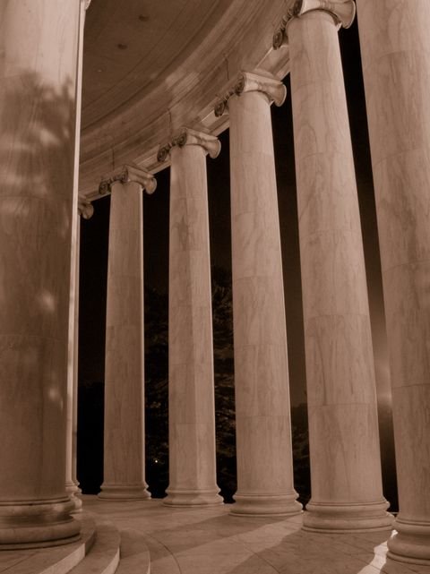 The curve of the Jefferson colonnade, columns rising out of frame