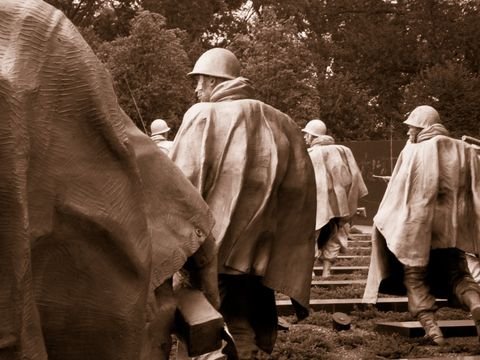 The poncho soldiers of the Korean War Memorial, seen from behind