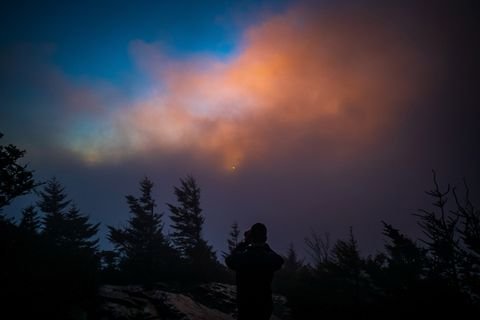 The last ember of sunset lighting a cloud above silhouetted firs