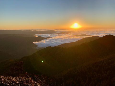 Sunset over a sea of clouds filling the valleys below Mount Le Conte