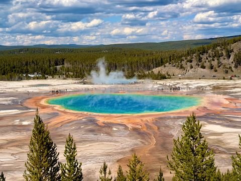 Grand Prismatic Spring from the overlook, teal ringed with rust